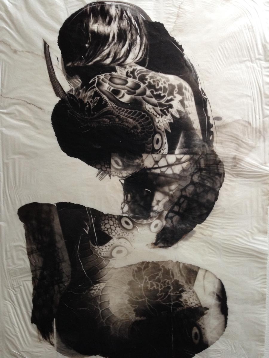 palladium print - abstract image of snake tattoo with snake skins by Alice Garik