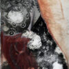 A woman with a serpent tattoo on her back is collaged with butterfly wings in palladium and red and orange watercolor.